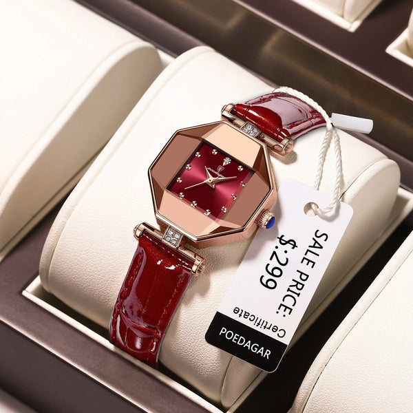 POEDAGAR Women's Luxury Watch – Rose Gold Leather Quartz Wristwatch, Waterproof Fashion Timepiece, Elegant Gift for Ladies