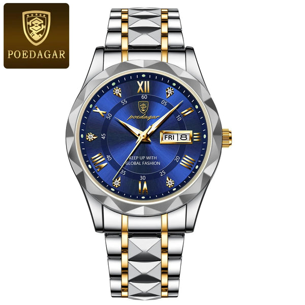 Poedagar 615 Men’s Luxury Quartz Watch – Stainless Steel, Waterproof, Calendar, Luminous Hands, Sport & Casual Style
