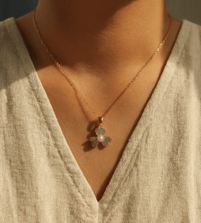 Gold Pearl Flower Cubic Zirconia Jewelry Set